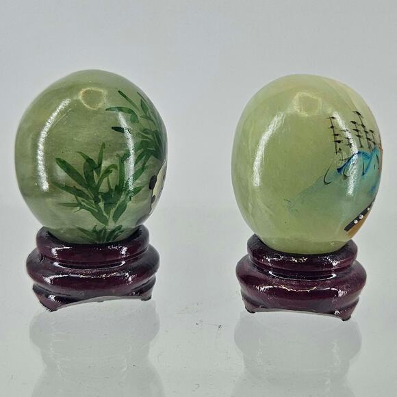 2 Hand Painted Miniature Green Jade Eggs Wooden Stands Panda Great Wall of China - Picture 2 of 5
